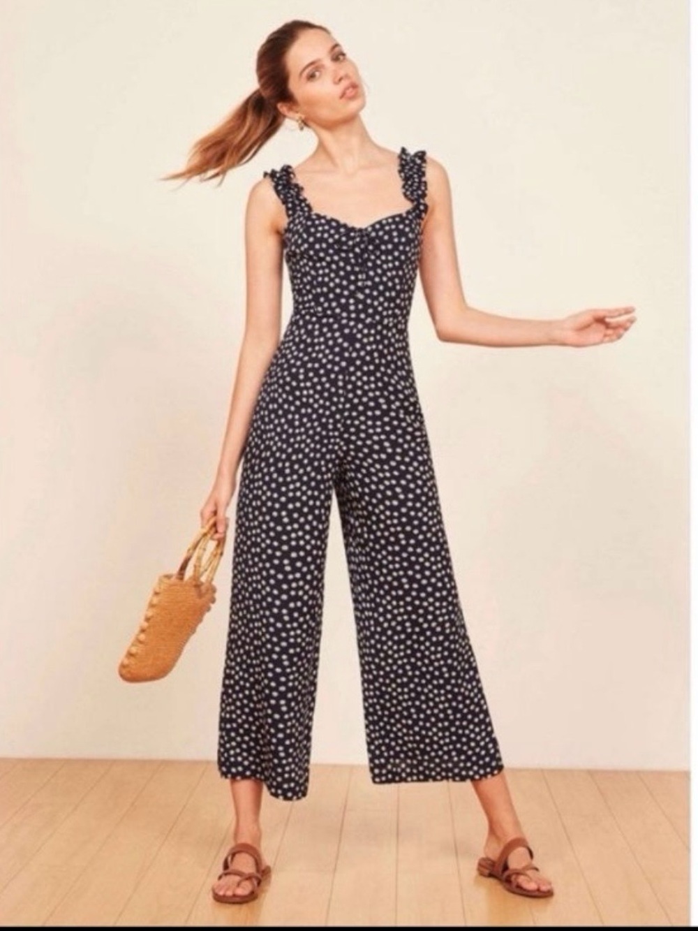 Reformation Navy Polka-Dot Wide-Leg Jumpsuit 2P